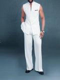 White Sleeveless Mandarin - Collar Vest And Trousers Set